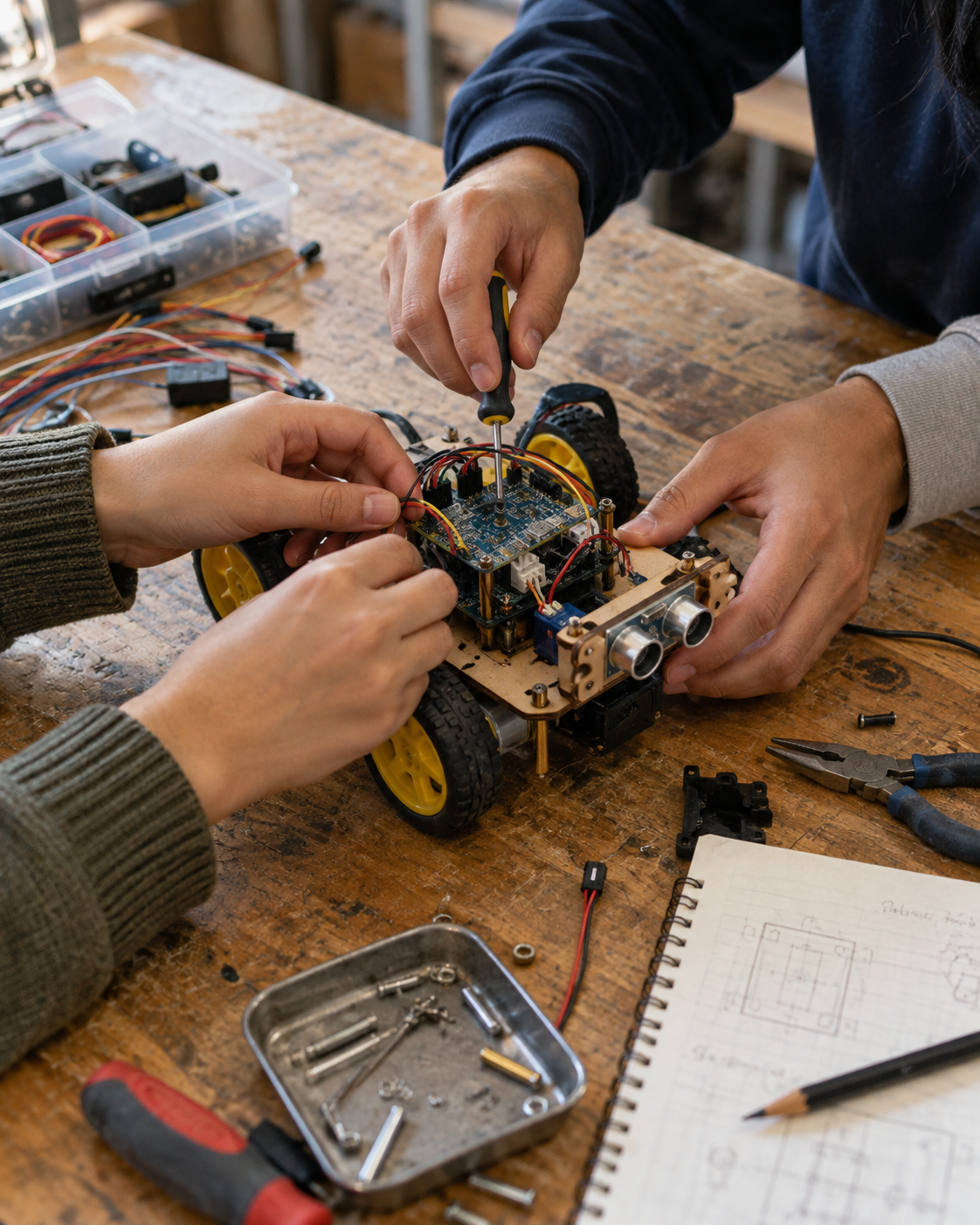 Several students working together on a robotics project