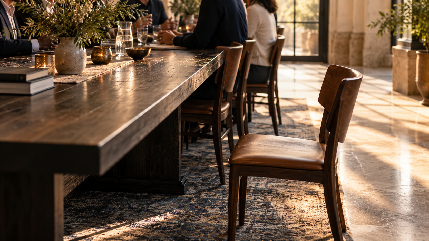 An open chair waiting at a welcoming communal table